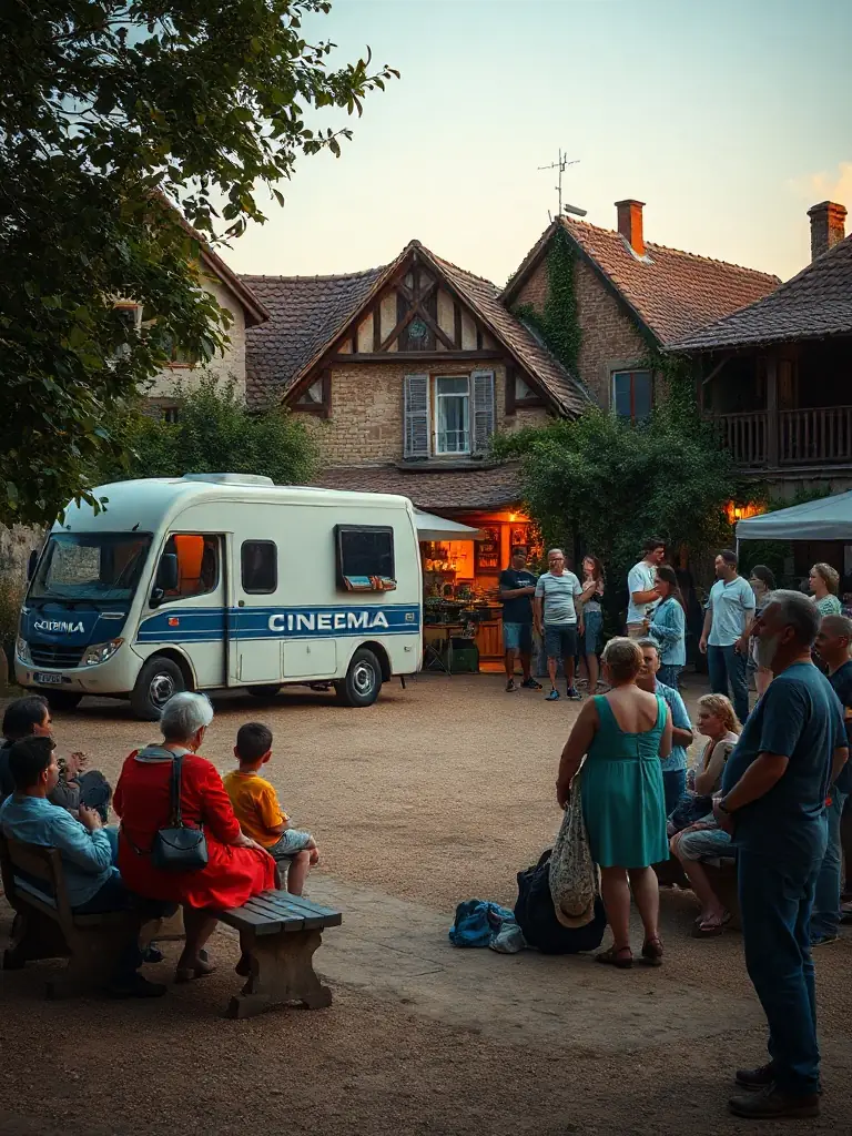A photograph of a mobile cinema van parked in a village square, with people of all ages gathered around, eagerly awaiting a film screening organized by READING AT THE EDGE OF ART. The scene should depict community and excitement.