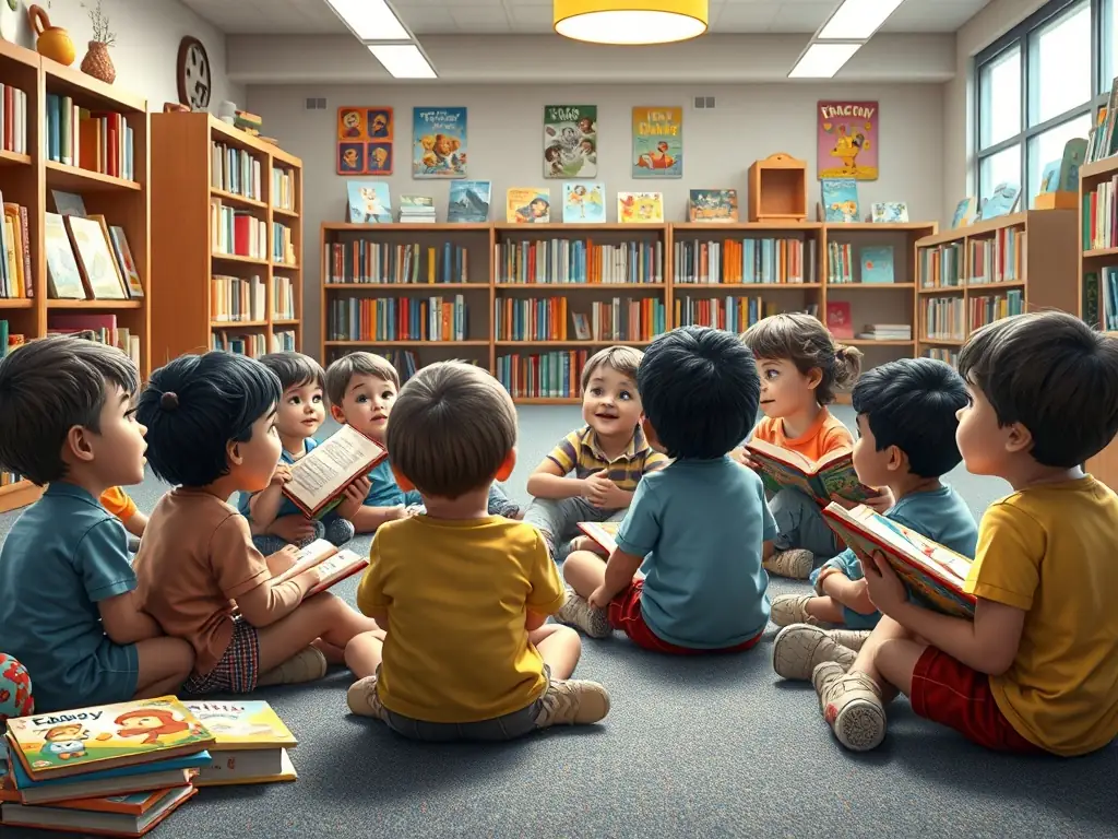 A vibrant image depicting a group of children engrossed in a storytelling session at a local library, showcasing the joy of reading and community engagement.