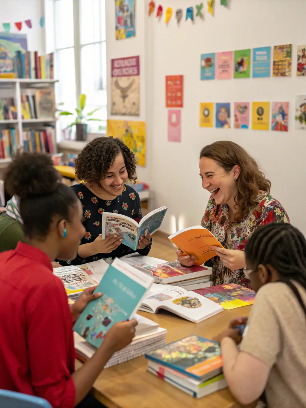 A photograph of a group of adults and children participating in a reading workshop led by READING AT THE EDGE OF ART in a local library. The image should showcase interaction and learning.