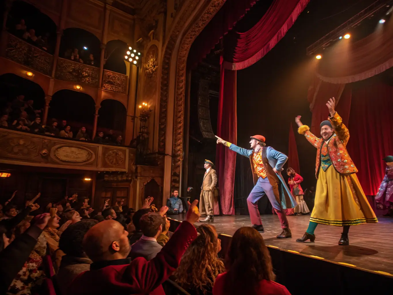 A vibrant photograph capturing a live theater performance in a rural setting, with children and adults watching attentively. The stage is decorated with colorful props, and the atmosphere is filled with joy and excitement.