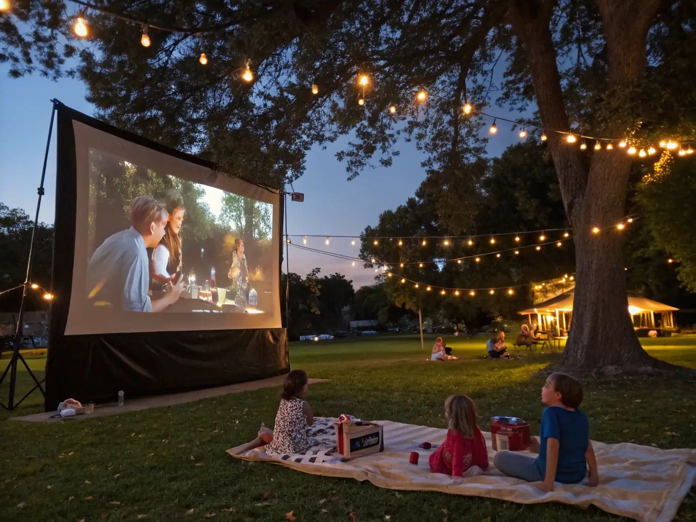 A scene from an outdoor cinema screening in a rural setting, with families and community members enjoying a film under the stars.
