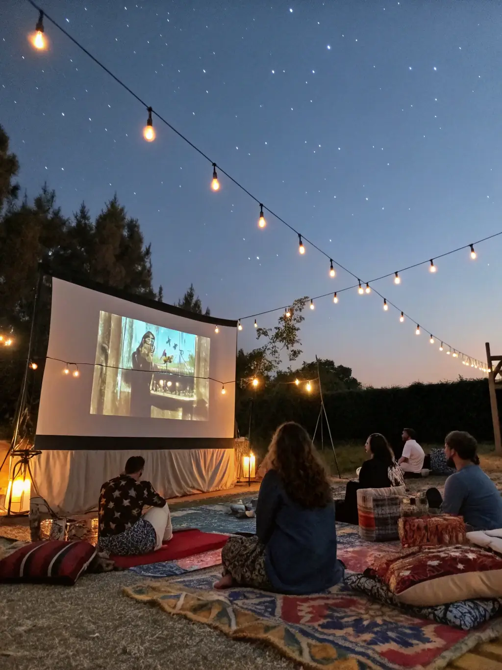 A still from a classic French film being screened outdoors in a rural setting, with families gathered together, highlighting the power of cinema to unite communities.