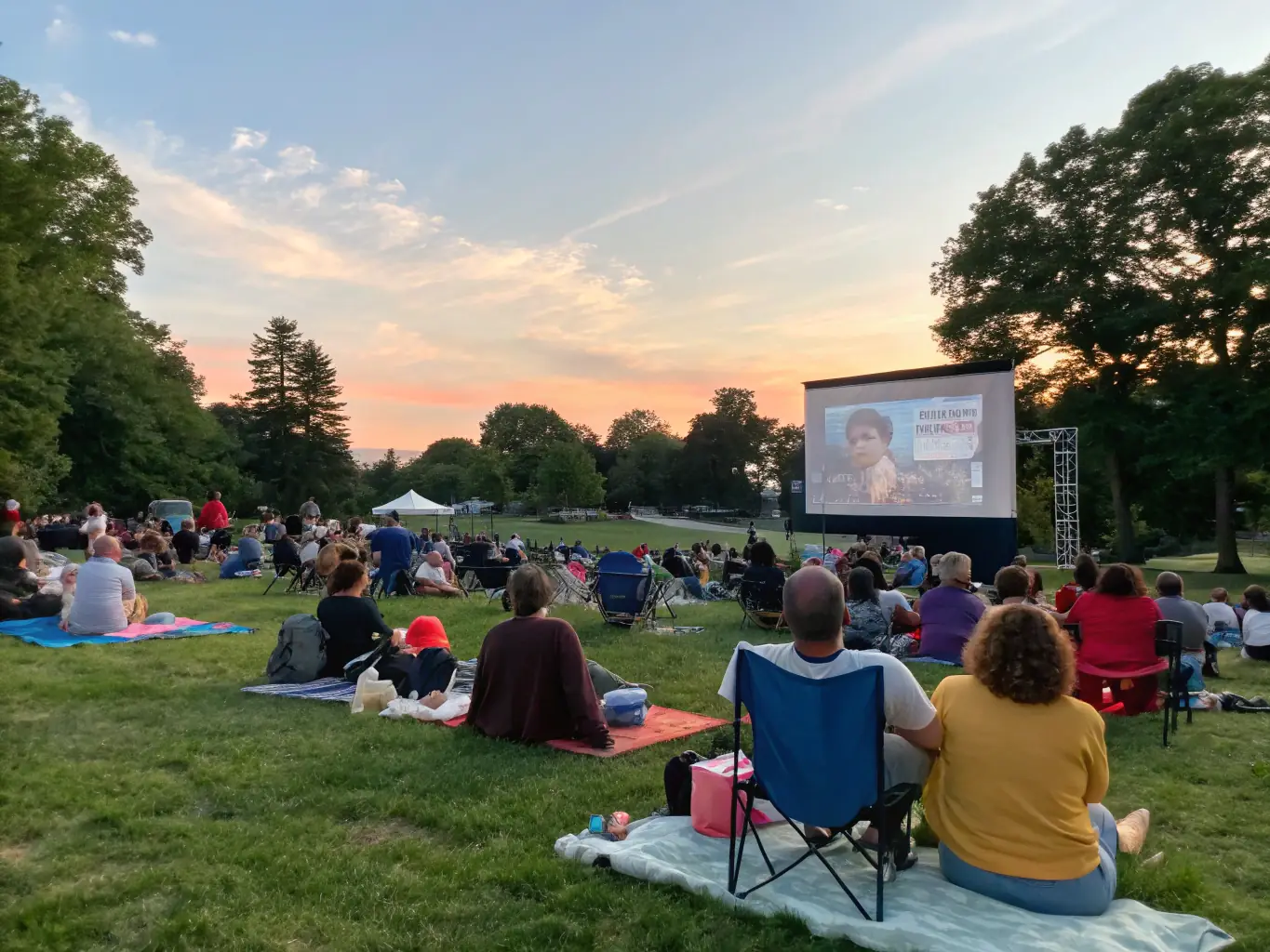 A still from an outdoor cinema screening in a village square, with families gathered on blankets watching a film under the stars. The scene is warm and inviting, showcasing the communal aspect of the event.