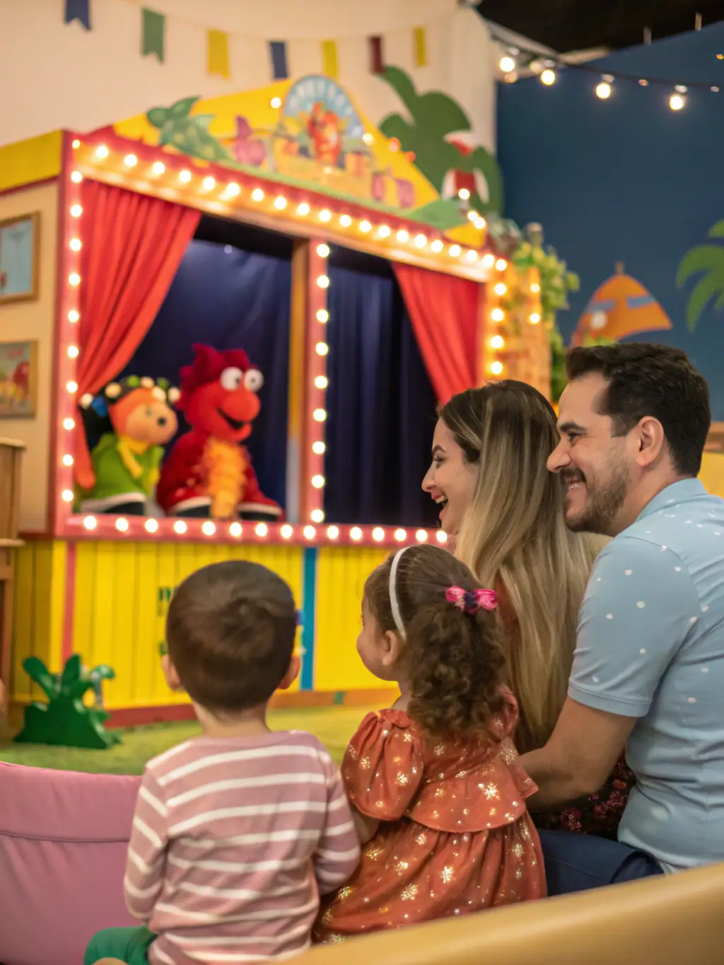 A vibrant photograph capturing children's faces lit up with joy as they watch a puppet show during a READING AT THE EDGE OF ART event in a rural French village. The image should convey the magic and engagement of live performance.