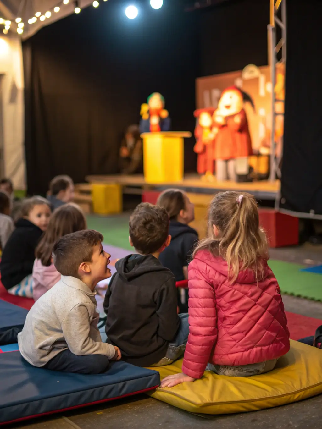 A captivating image of a puppet show performance in a village square, with children and adults alike enjoying the spectacle, illustrating the magic of live theater.